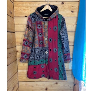 Leopards & Roses Boho Patchwork Kapuze Fleece gefüttert Baumwolle Jacke Mantel Nepal M