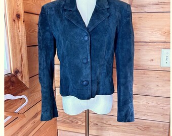 Vintage Suede Jacket Womens Medium Dark Teal 3 Button Blazer Coat Antelope Thick