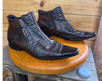 Botines Aldo para hombre, de piel marrón plisada, con hebilla y cremallera lateral, talla 44 (11 US), estilo vintage.