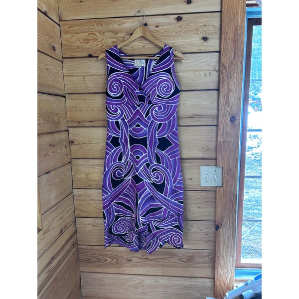 Designs by Naomi Toronto Purple Batik Print Wrap V-Neck Midi Dress One Size