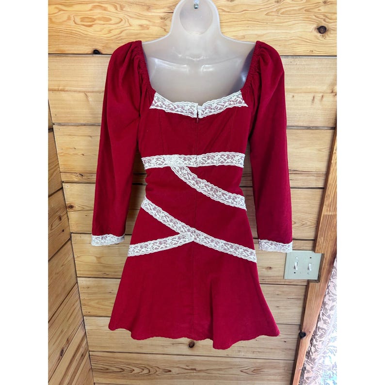 Free People Tennley Red Corduroy Lace Trim Puff Sleev Mini Dress Sweethear Small image 6