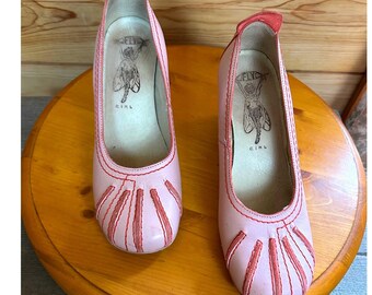 Vintage Fly London Pink Leather Mary Jane Wedges Red Stitching Portugal Size 40