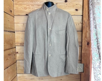 Vintage Leinen Blazer Herren 42 Beige Nehru Mao Stehkragen Jacke Hickey Freeman