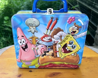 Vintage SpongeBob SquarePants Metal Lunch Box Blue Large Embossed Nickelodeon