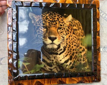 Vintage houthars Jaguar plaquette muurkunst bruin retro jaren 70 Big Cat safari decor