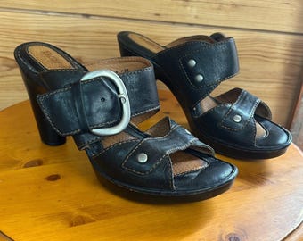 Sandalias tipo mule de plataforma de piel negra Born con hebilla y tacón grueso, talla 8 39, estilo años 90 Y2K
