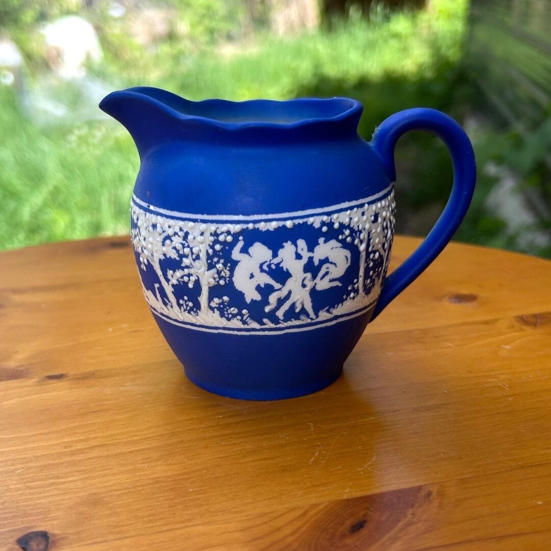 Vintage Sylvan Jasper Creamer Pitcher Cobalt Blue White Relief