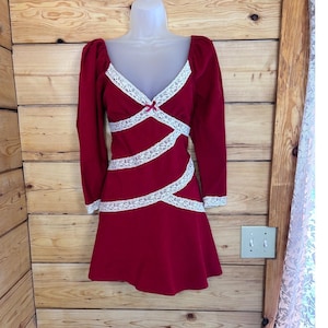 Free People Tennley Red Corduroy Lace Trim Puff Sleev Mini Dress Sweethear Small image 1