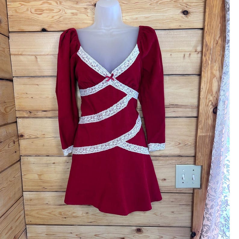 Free People Tennley Red Corduroy Lace Trim Puff Sleev Mini Dress Sweethear Small image 1