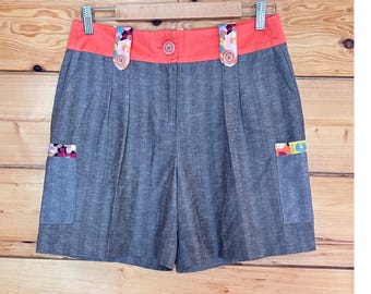 Vintage Linneshorts Dam Storlek 9 Grå Korall Art To Wear Funky Poet Couture