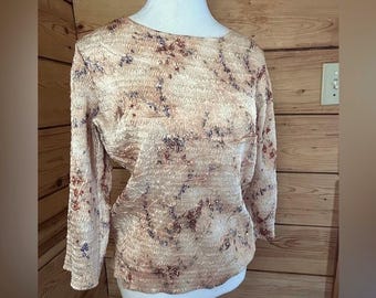 Vintage popcorn blouse dames grote perzik abstracte bloemen gerimpelde top merkloos