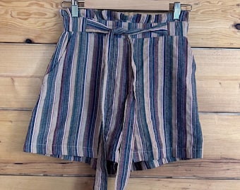 Striped Paperbag Waist Shorts Women Small Multicolor Boho Indie Cotton Entro
