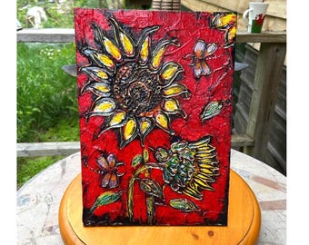 Vintage Hallo zonnebloem Mixed Media Art 10 x 14 rood geel Brenda Jackson 2012
