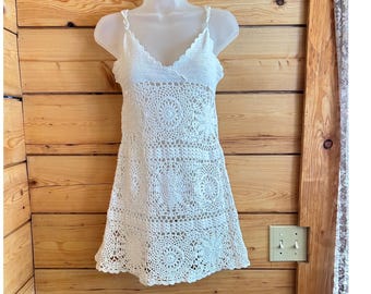 La Senza White Cotton Crochet Mini Dress Swim Cover Up Medallion Boho Medium Y2K