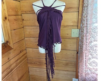 Vintage Purple Convertible Multiway Wrap Top Skirt Scarf Boho Pom Pom Fringe Fes