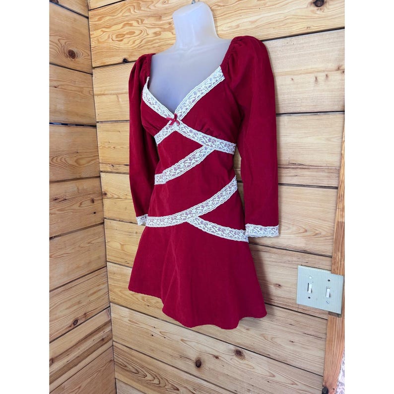 Free People Tennley Red Corduroy Lace Trim Puff Sleev Mini Dress Sweethear Small image 2
