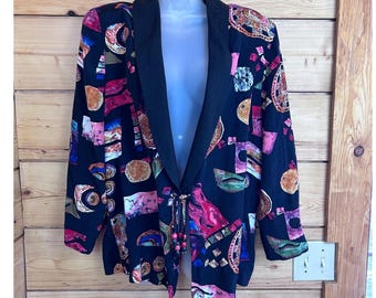Vintage Bantry Bay Abstract Print Beaded Tassel Blazer Black Shawl Collar XL