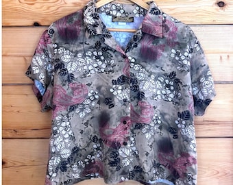 Vintage Floral Paisley Rayon Shirt Womens 2XX-Large Grey Tan Two Palms Hawaiian
