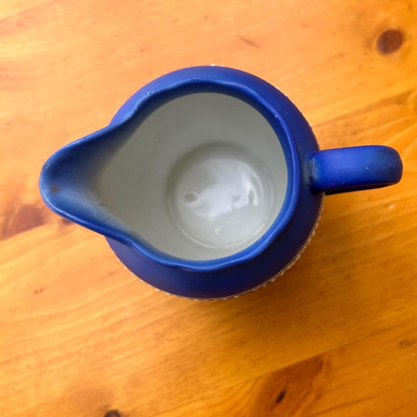 Vintage Sylvan Jasper Creamer Pitcher Cobalt Blue White Relief