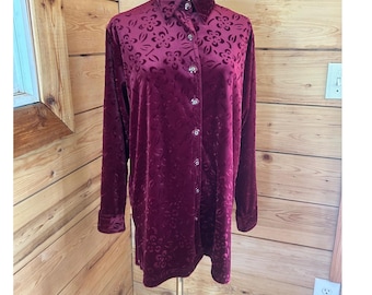 Vintage Velvet Oversized Button down Top Women Large Burgundy Hamells Luxurious