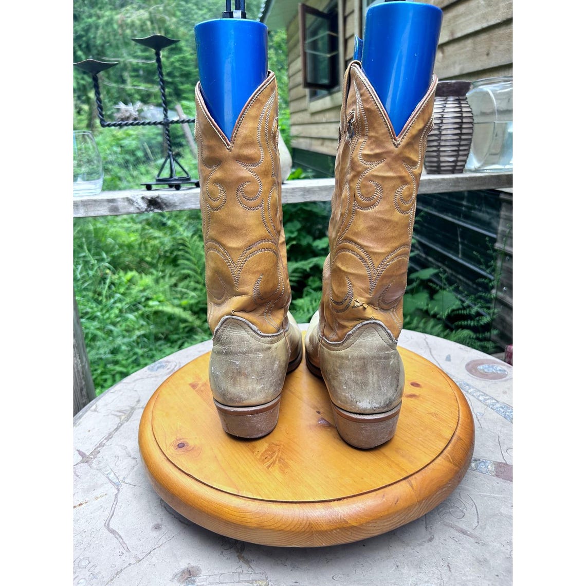 Vintage 70s Cowboy Boots Women 10 Men 8.5 Tan Blonde Two Tone Leather Acme Dingo, foto 4 di 5