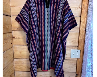 Poncho vintage in cotone a righe, fatto a mano, con bordo in velluto, multicolore, stile boho festival