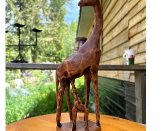 Vintage handgesneden houten giraf moeder baby standbeeld 15" Kenia ambachtelijk beeldhouwwerk