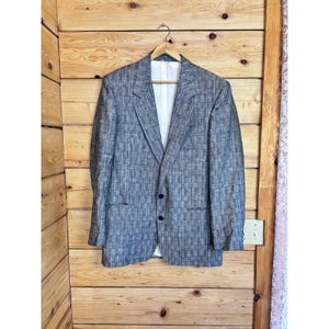 Blazer sportivo vintage da uomo in misto lino grigio con motivo a quadri, taglia 40 (altezza massima), prodotto in Canada.