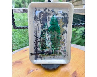 Vintage Ceramic Tray Unisex 7 Inch Green Abstract Pine Tree Studio Pottery