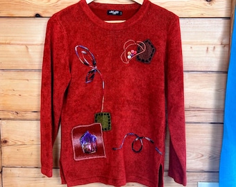Moffi Vintage Burnt Orange Chenille Knit Artsy Patchwork Sweater Small Button
