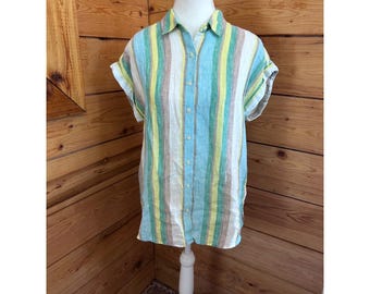 Love & Taylor 100% linnen gestreept knoopoverhemd kust zomerblouse dames, medium