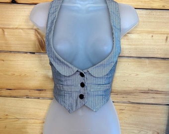 Vintage Blue White Pinstripe Halter Neck Cropped Vest Top Small Festival Scene