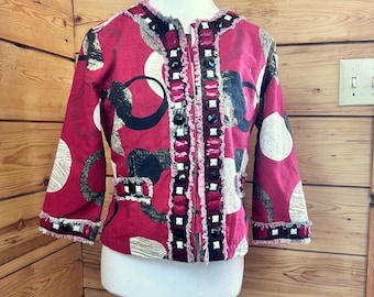 Parsley & Sage Rote Abstrakte Perlen Fransen Jacke Damen Kleine Art, Blazer zu Tragen