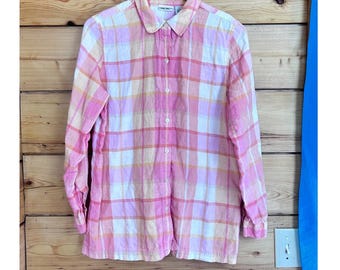 Camisa de lino 100% con botones, a cuadros rosa y naranja, marca Cherokee, talla grande para hombre.