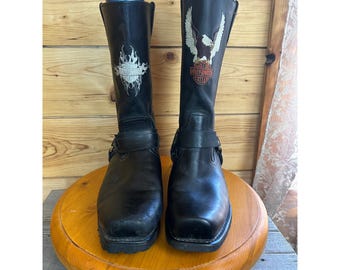 Harley Davidson Mismatched Leather Motorcycle Boots Black Harness Eagle Flame