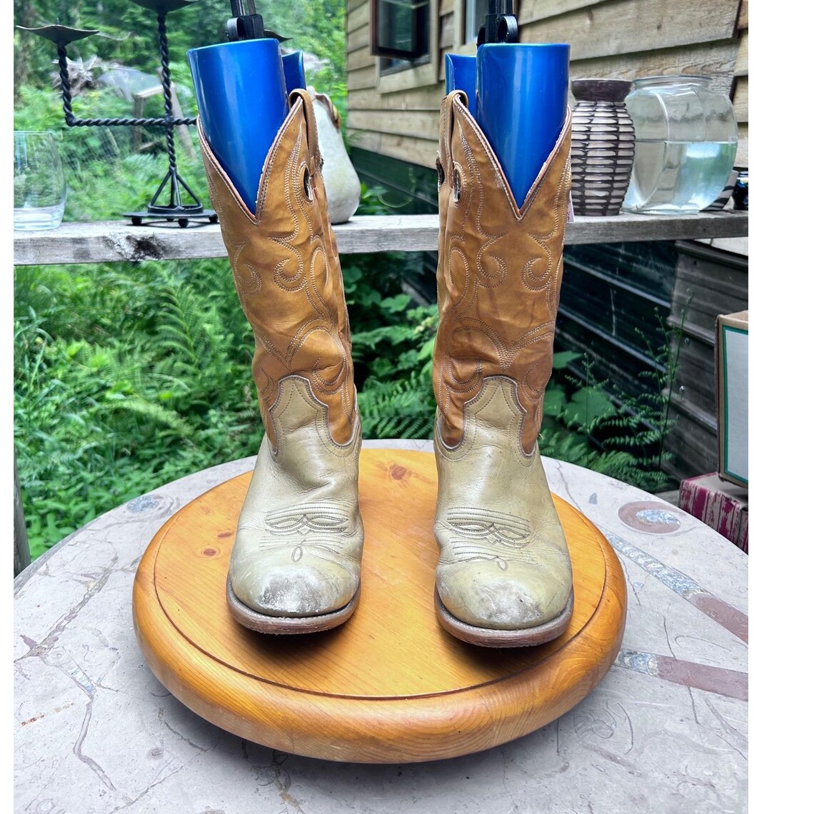 Vintage 70s Cowboy Boots Women 10 Men 8.5 Tan Blonde Two Tone Leather Acme Dingo, foto 2 di 5