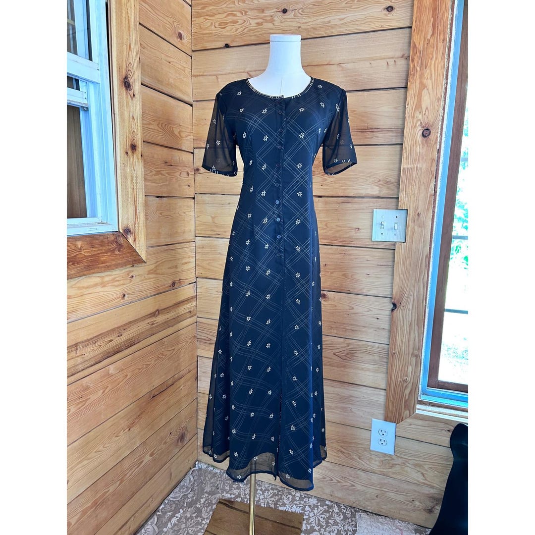 east ladies dresses Vintage Maxi Dress Womens Medium Black Plaid Mesh Duster West Clothing Co modest gowns