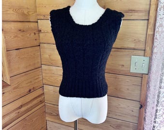 Vintage truivest dames klein zwart sprankelend kabelgebreid metallic klatergoud Y2K