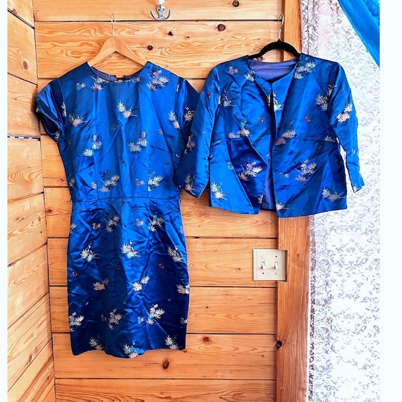 Vintage Silk Dress Set Womens Large Blue Peacock Embroidered Asian Handmade Luxe