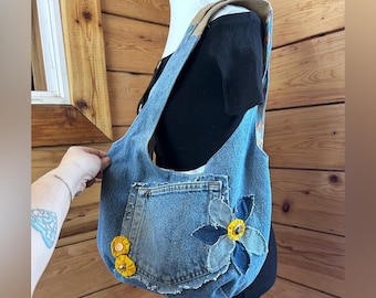 Vintage geüpcycled denim hobo-tas dames medium blauwe bloem patchwork merkloos