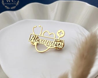 Personalized Stethoscope Name Brooch, Custom Doctor Brooch, Love Heart Stethoscope Pin, Stainless Steel Medical Jewelry, Nurse Gift