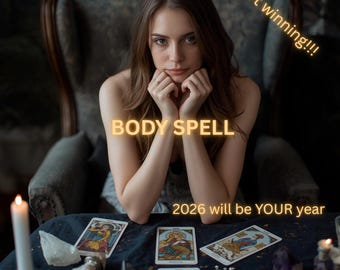 May include: A woman sits at a table with tarot cards, crystals, and candles. The text "BODY SPELL" is above her, and "2026 will be YOUR year" is below. The words "Start winning!!!" are written diagonally.