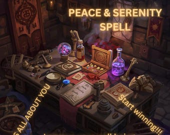 May include: An illustration of a mystical workspace with the text "PEACE & SERENITY SPELL". The scene includes a crystal ball, bottles, books, and a box of colorful items. The text "ITS ALL ABOUT YOU" and "Improve your well being" are also visible.