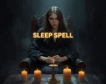 May include: Digital art of a woman in a dark setting, seated in a chair, with the text "SLEEP SPELL" and "2026 will be YOUR year". Lit candles are on a table in front of her, creating a mystical atmosphere.