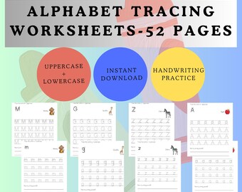 Alphabet Tracing Worksheets  52 Pages  Uppercase & Lowercase Letters  Handwriting Practice  Preschool Kindergarten Printable  PDF Download