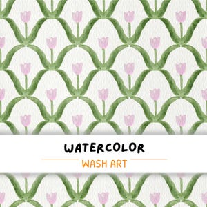 May include: Watercolor pattern featuring a repeating design of pink tulips and green stems on a white background. The text "WATERCOLOR WASH ART" is displayed in a white banner across the image.