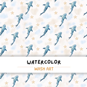Könnte beinhalten: Aquarellmuster mit blauen Haien, Seesternen und abstrakten Wolkenformen in Blau- und Beigetönen. Der Text "WATERCOLOR WASH ART" wird fett dargestellt.
