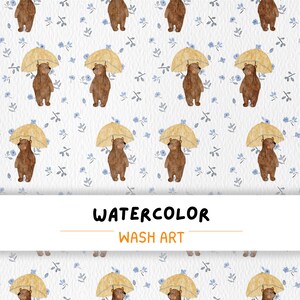 May include: Watercolor pattern featuring brown bears holding yellow umbrellas, set against a white background with blue floral accents. The text "WATERCOLOR WASH ART" is displayed at the bottom of the image.