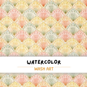May include: Watercolor wash art pattern featuring a repeating design of fan-shaped elements in pastel colors: yellow, pink, and green. The text "WATERCOLOR WASH ART" is displayed in black letters on a white banner.