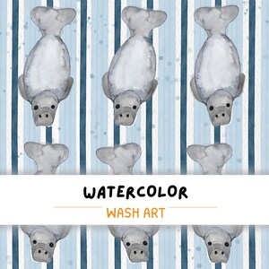 May include: A watercolour pattern featuring gray manatees against a blue and white striped backdrop. The text "WATERCOLOR WASH ART" is displayed in black and orange. The design has a whimsical, aquatic theme.